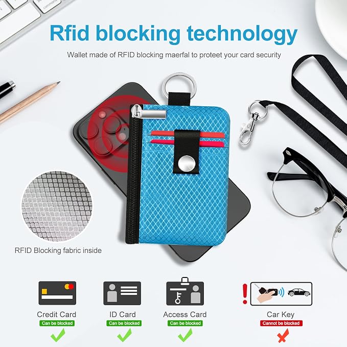 Minimalist RFID Blocking Small Wallet with ID Window,WaterResistant Zip Id Case Wallet with Lanyard Keychain for Cards,Cash,Travel,Women,Men (Lake Blue) - Image 4