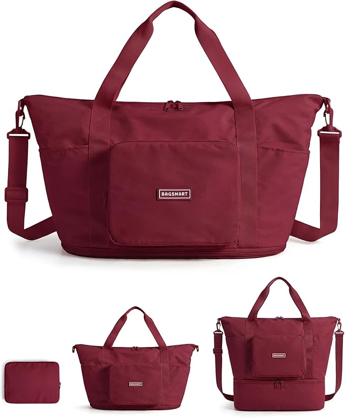 BAGSMART Foldable Travel Bag, 37L Expandable Personal Bag, Pomegranate Red | Airline Approved Personal Carry-on Size, Fits Under-seat, Trolley Sleeve, Backup Bag for Travel, Vacation, Overnight by BAGSMART