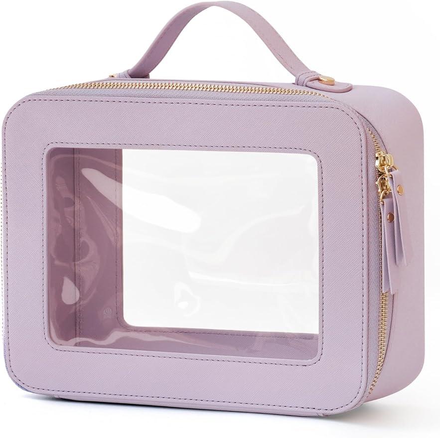 Clear Large Makeup Bag Mahjong Tile Bag with Zipper & Handle Purple | Structured Large Travel Makeup Bag for Toiletries for Women, Big Long-trip Cosmetic Case, Waterproof PU Leather, Wide Opening by POPVIBE