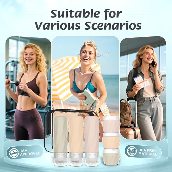 6Pcs Travel Bottles for Toiletries, Silicone Travel Size Containers Set | TSA Approved BPA-FREE Silicone Leak Proof Refillable Bottles and Jars, Women & Men Airplane Cruise Essentials Kit (CREAM) - Image 7