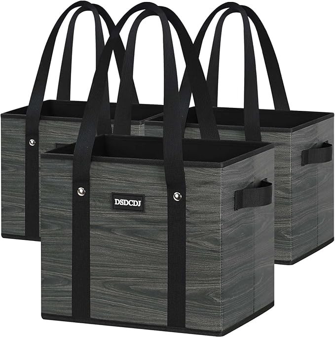 Reusable Grocery Bags - Heavy Duty Reusable Shopping Bags with Hard Bottom & Long Handles, Foldable Large Utility Tote Bag with Box Shape to Stand Up - for Kitchen, Picnic, 3 Pack, Grey by DSDCDJ