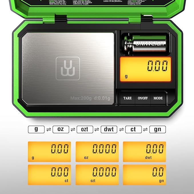 Digital Pocket Scale 200g/0.01g, Digital Scale Grams Precision | Jewelry Scale,Coins Scale with 50g Cal Weights for Powder,small items,Tea,Jewelry,Coins (Battery Included)-Fluorescent Green - Image 2