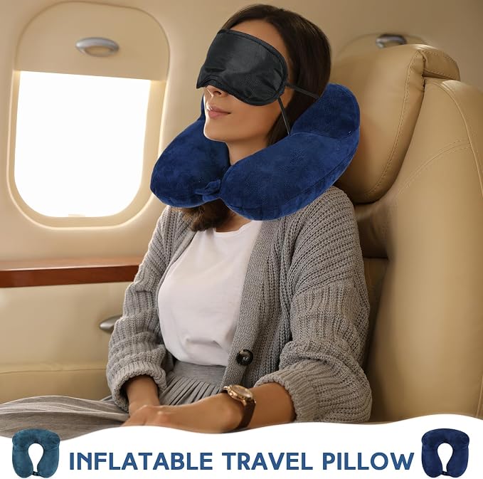 Sintuff 2 Pack Inflatable Travel Pillow for Airplanes Inflatable Neck Flight Pillows with Compact Bag and Blindfold for Traveling, Airplane, Train, Car, Office(Peacock Green and Blue) - Image 4