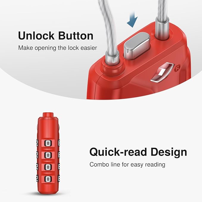 Puroma 2 Pack TSA Approved Luggage Locks 4 Digit Code Cable Lock Red | Resettable, Flexible Cable, Zipper holes, Zinc Alloy, Bright Color, Large White Numbers, Suitcase Train Travel, laptop bag - Image 4
