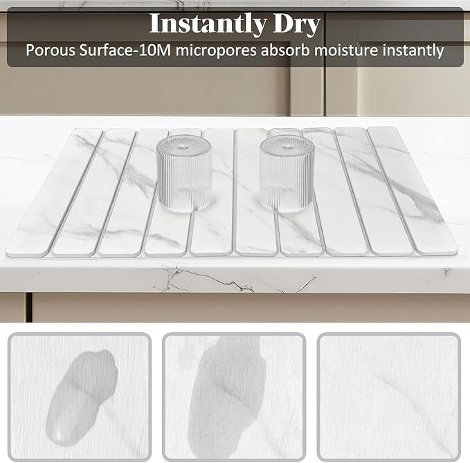 Large Stone Dish Drying Mats for Kitchen Counter, Quick Dry Dish Drying Mats, Foldable Absorbent Diatomaceous Earth Mats for Dishes Cups, Match Any Countertop (24"×16" & 8"x4" White Marble ) - Image 4