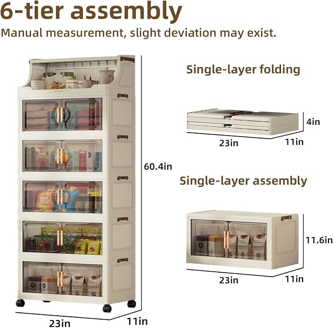 260QT Stackable Storage Bins with Lids & Rack, 6 Tier Large Capacity Foldable Storage Cabinet, Clear Collapsible Pantry Organizer for Home, Kitchen, Bathroom, Dorm, Office, Clear - Image 3