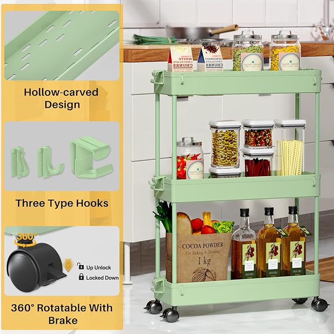 SPACEKEEPER Slim Rolling Storage Cart, 3 Tier Bathroom Cart Organizer,Green | Narrow Rolling Cart with Wheels for Kitchen Office Bathroom Laundry Room,Mobile Utility Cart for Craft Art Makeup Nail Polish - Image 6