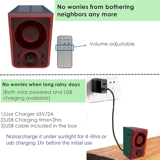 HULPPRE Solar Outdoor Motion Sensor Alarm,Dog Barking and Gunshot Sound | Support Recording,Adjust Volume,130db Loud Noise Maker,3 Work Modes Strobe Light with USB,Say Goodbye to The Intruders - Image 5