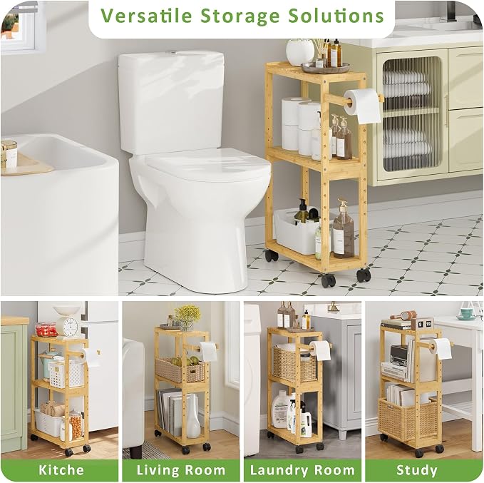 RRX Bamboo Rolling Cart, Slim 3-Tier Standing Shelf Units on Wheels (Beige) | Bamboo Shelves Utility, Storage Corner Shelf Cabinet for Narrow Space, Toilet Paper Organizer for Bathroom, Kitchen - Image 6