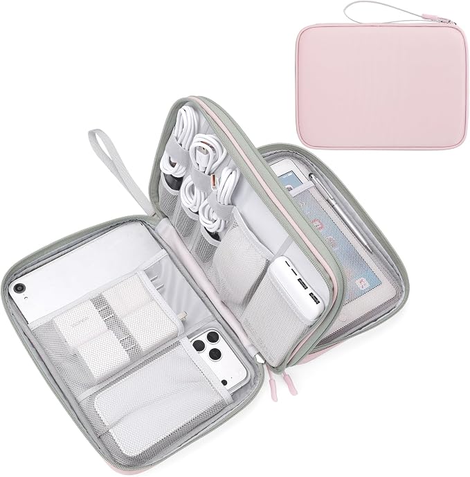 FYY Electronic Organizer, Travel Tech Pouch Bag, Extra Large, Light Pink | Wrist Strap, Waterproof, Double Layers Electronics Travel Case for iPad, Cord, Laptop Charger, Daily and Business Trips Use by FYY