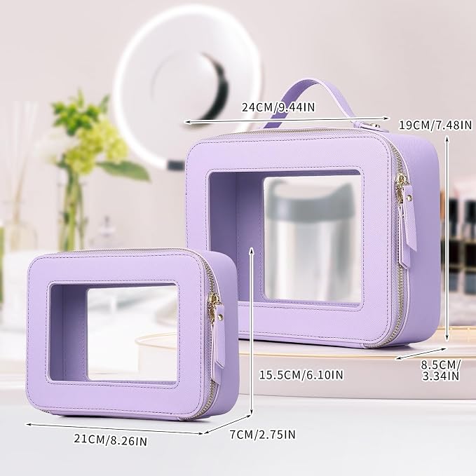 Pinkmik Clear Makeup Bag, (Purple, M+L) | 2PC,Waterproof, Travel Cosmetics and Toiletries Case, Portable Makeup Organizer, Clear Car Bag with Zipper - Image 2