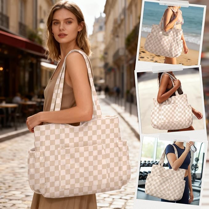 Corduroy Tote Bag for Women,Large Capacity Cute Tote Bags With 6 Pockets,Crossbody Shoulder Handbag for Work Travel Gym - Image 2