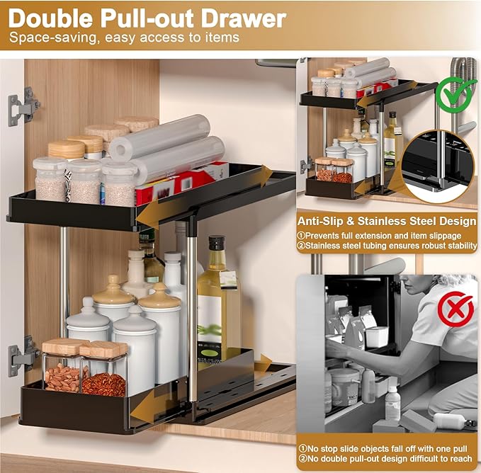 NIUXX Expandable Under Sink Organizer: 2 Tier Under Cabinet Organizer - Double Pull Out Shelf Under Sink Storage for Kitchen - Bathroom and Laundry Room - Space Saving - Image 5