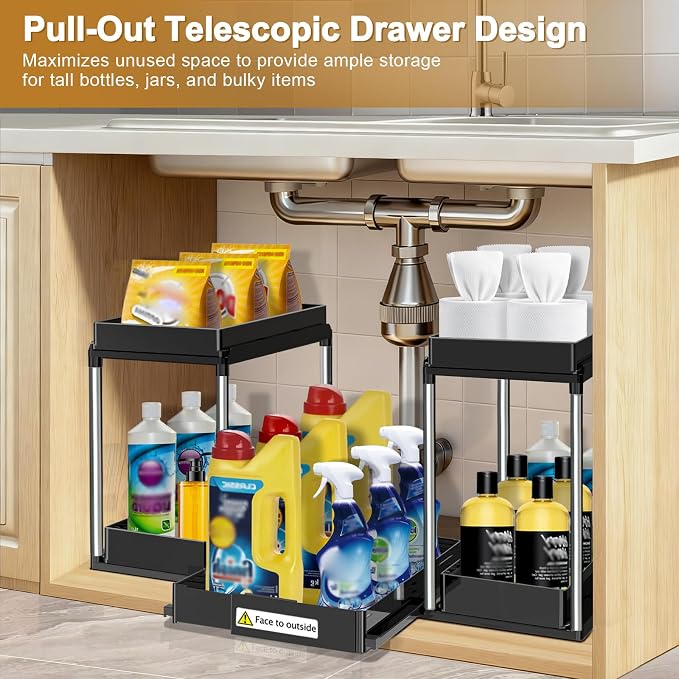NIUXX Expandable Under Sink Organizer: 2 Tier Under Cabinet Organizer - Double Pull Out Shelf Under Sink Storage for Kitchen - Bathroom and Laundry Room - Space Saving - Image 3