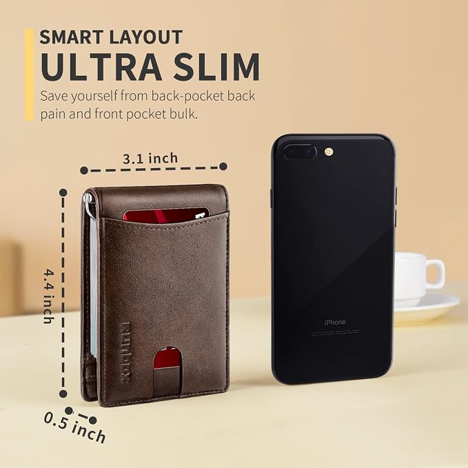 RUNBOX Slim Wallet for Men Genuine Leather RFID Blocking Bifold Minimalist Front Pocket Mens Wallet with Money Clip Thin Gift Box - Image 3
