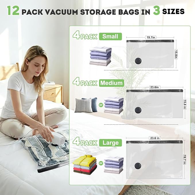 12 Pack Vacuum Seal Bags for Clothing Travel with -60000Pa USB Pump, Save 80% of Space for Clothes (12 Combo Size) - Image 8