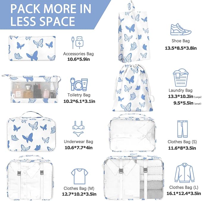 KPX 8 Set Packing Cubes for Travel, Luggage Packing Organizers Accessories Large Toiletries Bag for Clothes Shoes Cosmetics (8Set-Butterfly) - Image 2