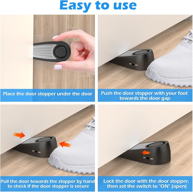 Door Stoppers Alarm Security, 120dB Security Alarm, Hotel Door Alarm, Door Stoppers for Bottom of Door, for Travel, Hotel, Apartment, College Dorm Room, Airbnb Stays, Black, 2 Pack - Image 4