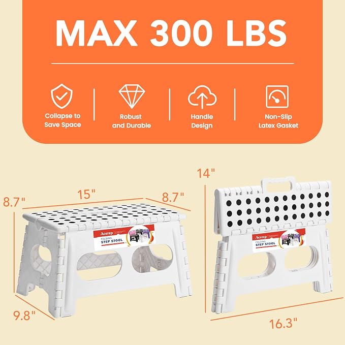 9 Inch Folding Step Stool, 15 Inch Extra-Wide, 300 lbs, White | Non-Slip Heavy Duty Foldable Step Stool for Kids and Adults, Extra-Wide for Comfort and Stability, for Bathroom and Kitchen - Image 2