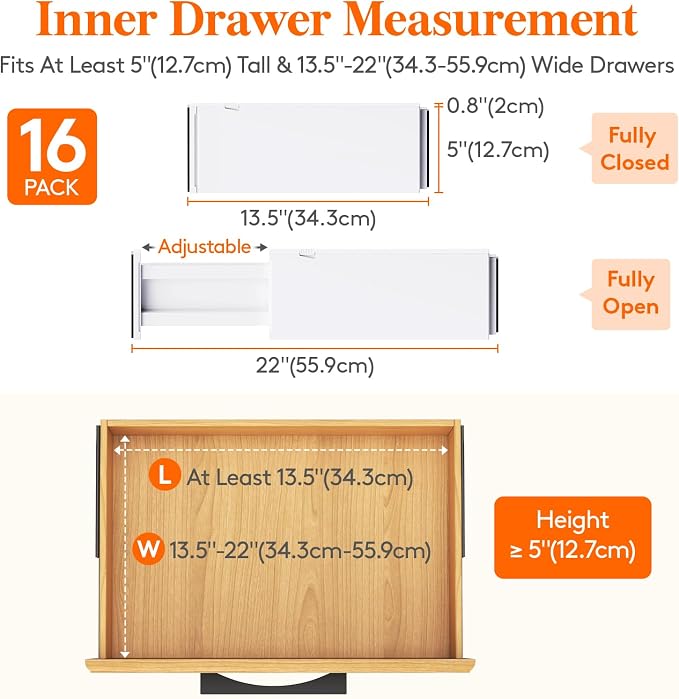 Lifewit 5" Tall Upgrade Drawer Dividers, Adjustable Deep Drawer Organizer | 16 Pack 13.5"-22" Expandable White Drawer Separator for Clothes, Dresser/Kitchen/Closet/Bedroom/Office Organization & Storage - Image 2