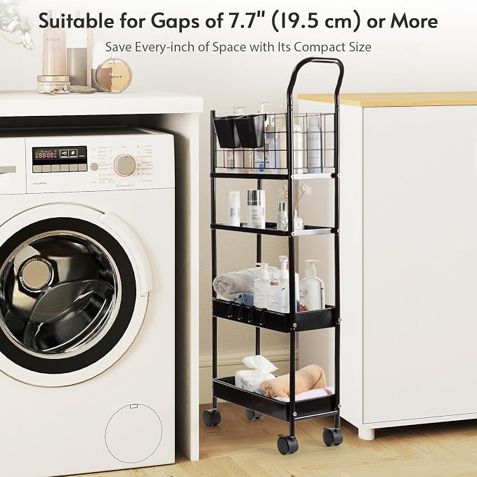 danpinera 4 Tier Slim Cart with Wheels, 7.7’’ Metal Skinny Rolling Storage Cart on Wheels for Kitchen, Bedroom, Office, Laundry Room, Small Narrow Spaces with Hooks and Cups, Black - Image 9
