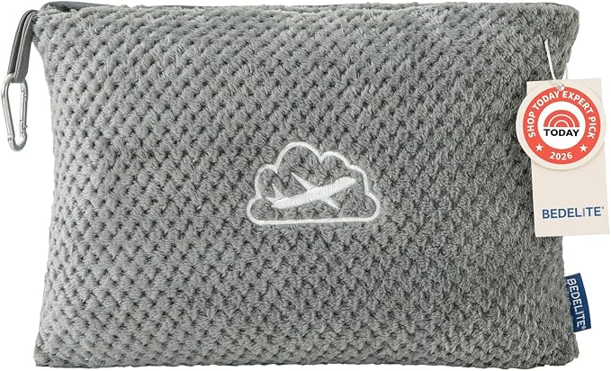 BEDELITE Travel Blanket with Bag, Jacquard Fleece Blanket 65"x40", Grey | Ultra-soft Airplane Blanket, Luggage Sleeve & Backpack Clip, Travel Essentials for Women, Foldable as Pillow for Long Flight by BEDELITE