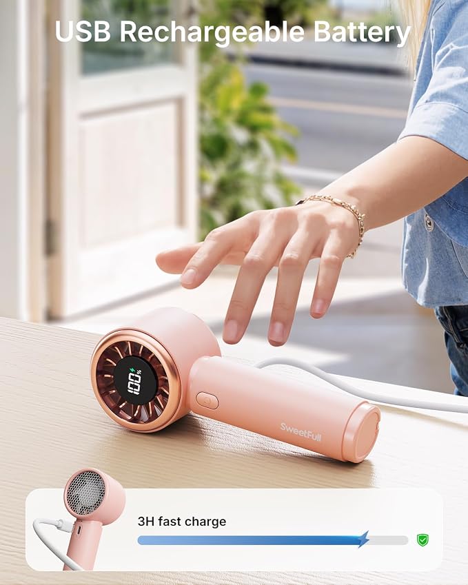 SWEETFULL Portable Handheld Fan, Mini Rechargeable Personal Hand Fan | Strong Airflow, Pocket-Sized, Up to 12H, 5 Speeds, Quiet Cooling Travel Essentials, Cute Gifts for Women, Girls, Lash, Makeup - Image 5