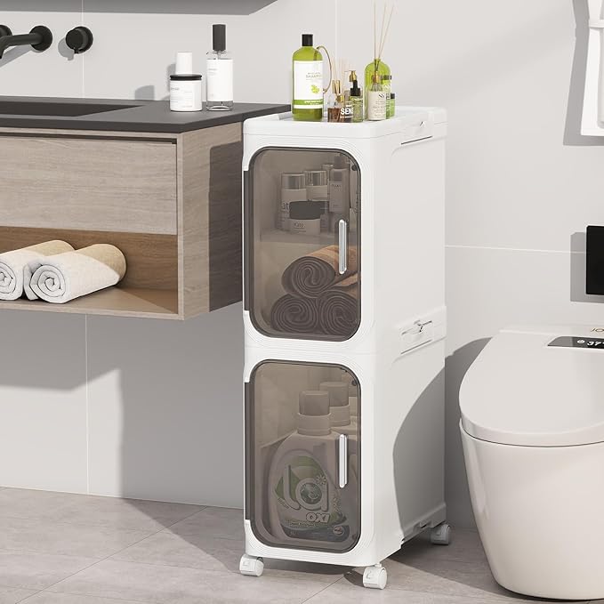2 Tier Slim Bathroom Storage Cabinet, Foldable and Movable, White | Tools Free, ABS and PET, Magnetic Clear Door, Adjustable Shelves, Lockable Wheels, Water Resistant, For Narrow Space by Neathub