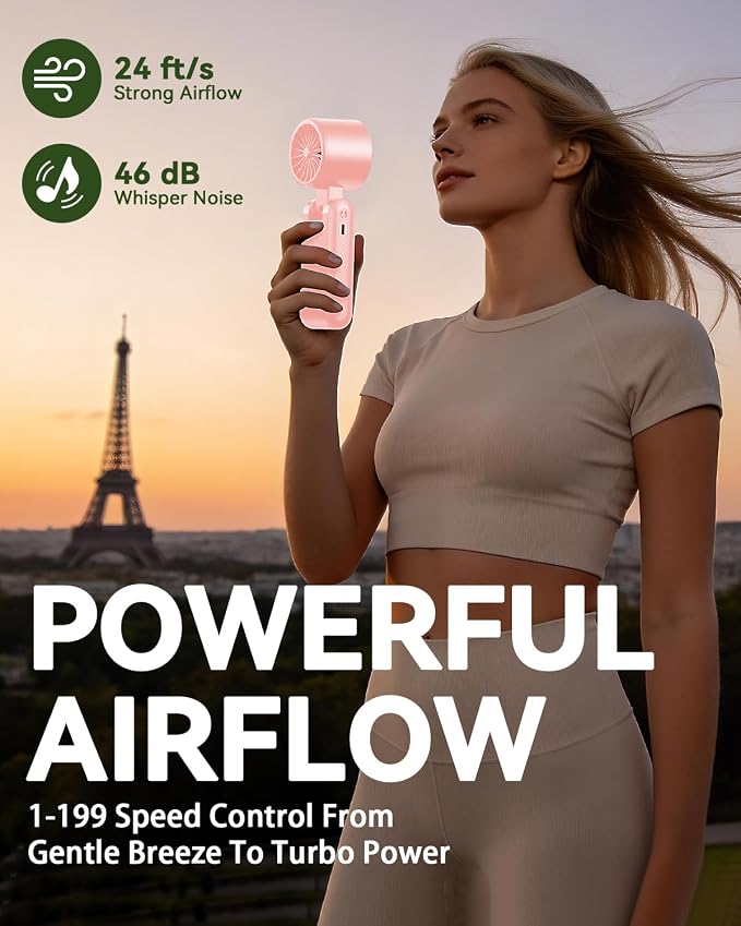 Portable Handheld Fan with Ice Cooling, 7.5m/s High Speed Turbo Fan, 150° Foldable 4-in-1 Personal Neck Fan, 199 Speed Stepless Control, USB-C Rechargeable for Travel, Makeup, Hiking,Pink - Image 5