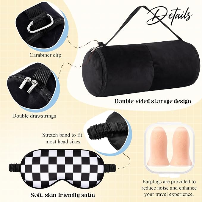 HunnmingRe 5 Pcs Travel Pillow and Blanket Set, 5 in 1 Travel Airplane Compact Includes 40 x 60 Inch Throw Blanket Eye Mask Neck Pillow Earplug and Bag Gifts for Travelers Women(Checkered,Black) - Image 5