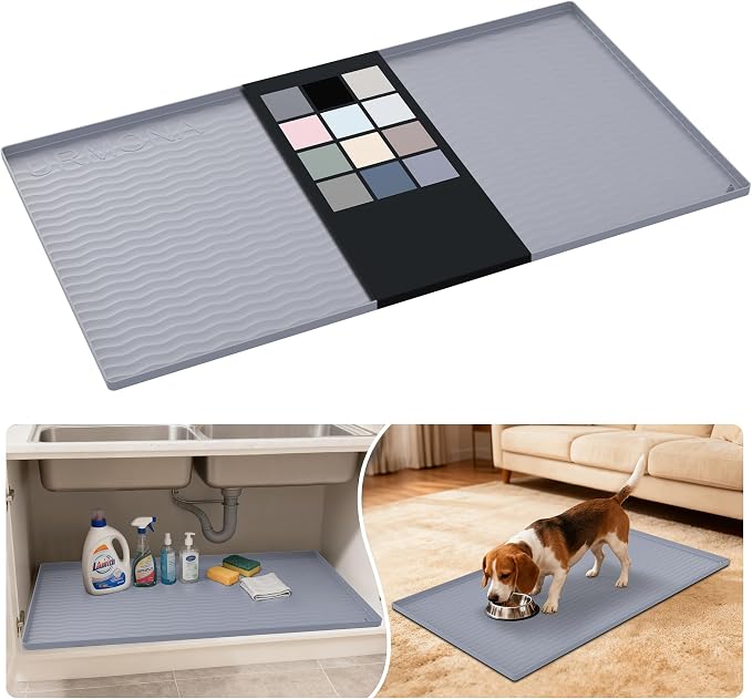 URMONA Waterproof Silicone Under Sink Mat 40'' x 22'' Shelf Liner for Kitchen and Bathroom, Cabinet and Counter Protector, Storage and Organizers, Litter Mat, Pet Cat Puppy Essentials(Light Grey) by URMONA