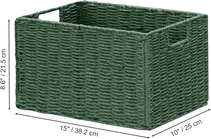 Large Wicker Storage Basket, Collapsible Baskets for Organizing | Set of 2 Hand-Woven Paper Rope Wicker Basket, 15"x 10" Closet Organizers and Storage with Handles Home Organization, Green - Image 3