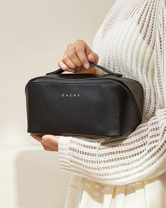 EACHY Travel Makeup Bag for Women, PU Leather Cosmetic Bag, Black, Medium | Water-resistant PU leather exterior with flat-open access, clear TPU brush compartment and organized storage for cosmetics - Image 7