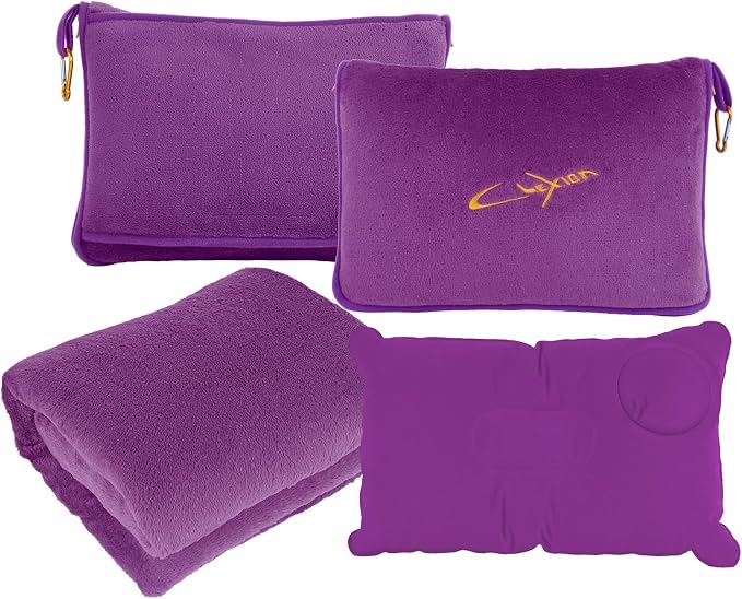 Travel Blanket & Pillow Set, 300 GSM Soft Fleece, 60x43 Inches, 3-in-1 Airplane Blanket, Travel Pillow and Blanket Set, Travel Blanket Airplane Compact with Bag, Travel Essentials, Violet by CLEXION