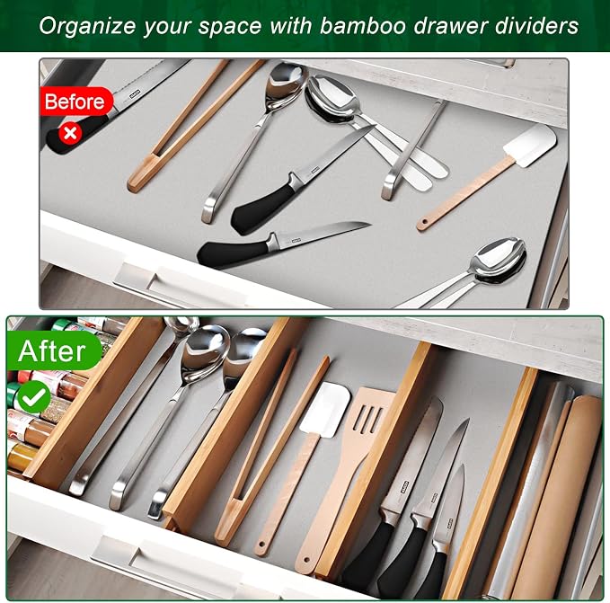 4 Pack Bamboo Drawer Dividers 2.6" High, Adjustable from 12 Inch to 17 Inch | Expandable Kitchen Drawer Organizer Separators for Clothes, Kitchen, Bedroom, Dresser, Office (Beige) - Image 8