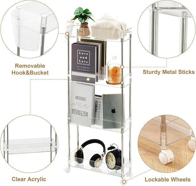VECELO Acrylic 4-Tier Rolling Cart, Slim Utility Cart for Storage, Mobile Storage Cart with Lockable Wheels Hooks&Bucket for Office,Kitchen,Laundry Room Bathroom Living Room, Clear - Image 2