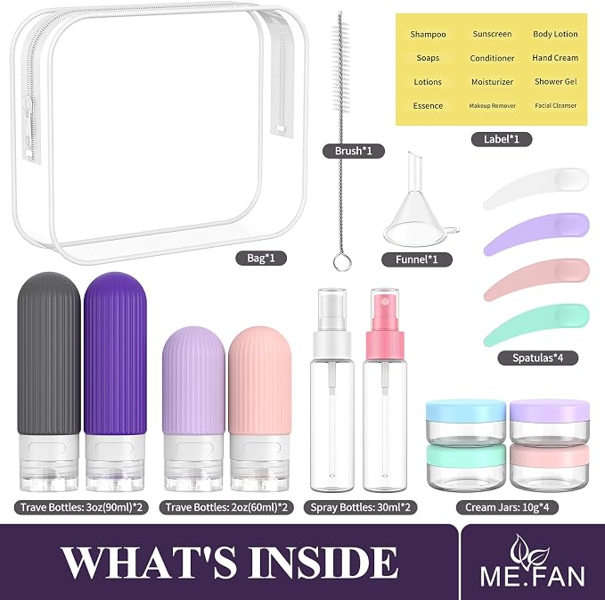 ME.FAN Travel Bottles for Toiletries,18 Pack Silicone Portable Size Bottle, TSA Approved Refillable Cosmetic Container Kits for Conditioner, Shampoo, Lotion,Face Cream - Purple - Image 2