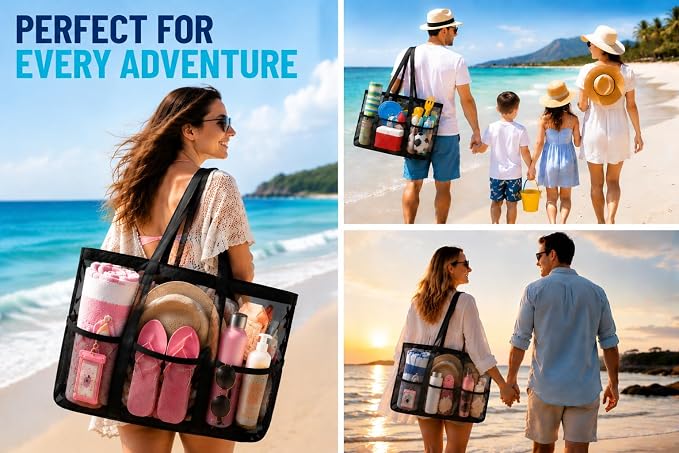 SRISE Mesh Beach Bag - Large Beach Tote Bag for Family Beach Bag for Toys & Vacation Essentials - Image 2