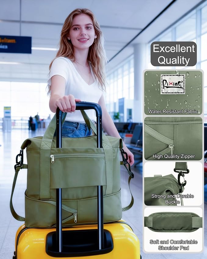 Foldable Travel Duffel Bag for Women, Olive Green | 40L Expandable Water-Resistant Carry on Bag, Personal Item Travel Bag Flight Approved with Wet Pocket for Gym Travel, Nylon - Image 6