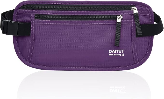 RFID Blocking Money Belt for Men Women, Slim Fanny Pack For Travel，Running,Conceal Waist Wallet For Passport Holder,Phone,Cash(Dark Purple), Dark Purple, Rfid Blocking & Belt Wide:1inch by DAITET