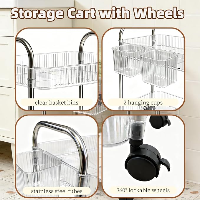 2 Tier Utility Rolling Cart with Wheels Sofa Side Table Small Under Desk Storage Organizer, Clear Acrylic Plastic Mobile Trolley Organization Storage Cart for Kitchen Pantry Bathroom Vanity - Image 5