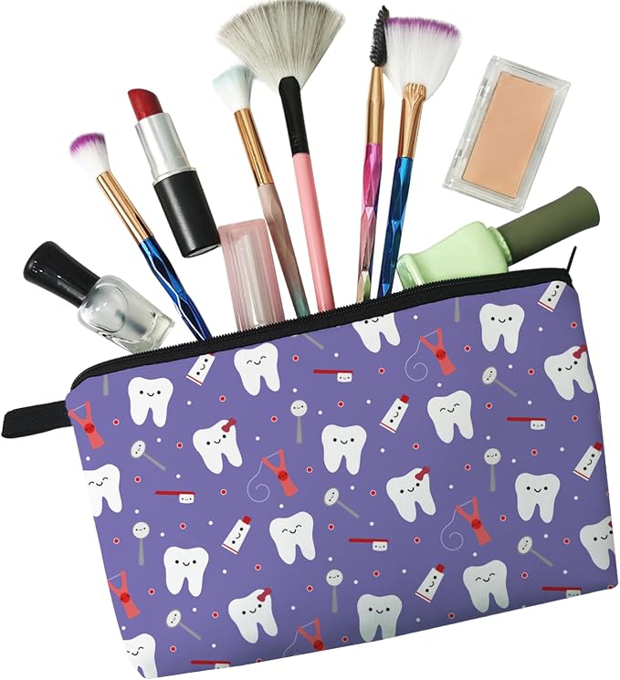 Livel lhood Purple Cartoon Teeth Cute Small Makeup Bag | Printed Padded Cosmetic Organizer Zipper Pouch, Purple Cartoon Teeth Gift for Women Friends - Image 5
