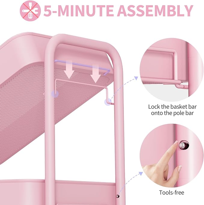 TOOLF 4 Tier Metal Rolling Cart, Utility Storage Cart with Wheels, Pink | Screwless Assembly, Lockable Metal Wheels, Trolley Organizer for Bathroom, Kitchen, Office, Dorm, Laundry, Craft Room - Image 3
