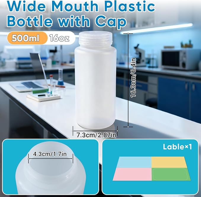 DEMORA 16 oz Plastic Bottles with Lids, Airtight Refillable Wide Mouth Travel Bottles for Toiletries, HDPE Food Grade Plastic Containers for Liquids Pill Water Sample Lab Reagent (Translucent, 2 Pcs) - Image 8