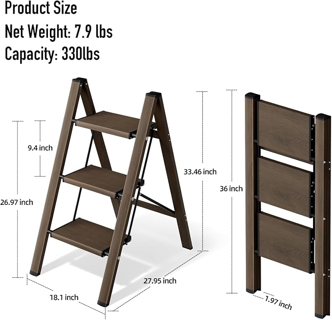 Mayi Plus 3 Step Stool Foldable, Aluminum, Lightweight Step Ladder | Extra-wide anti-slip folding steps with 330 lbs, for home,kitchen,office,outdoor,office,Walnut - Image 6