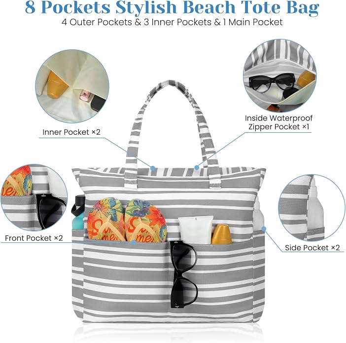 Trifabricy Beach Bags for Women, Waterproof Large Tote Bag With Zipper | Waterproof Sandproof, Zipper Closure, Wet Pocket, For Beach Gym Travel Shopping Vacation, Durable Lightweight, Easy Clean - Image 4