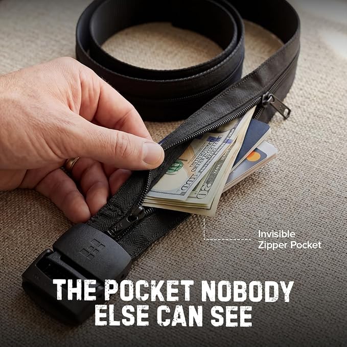Zero Grid Black Travel Security Belt, Hidden Zippered Pockets to Carry Cash | Anti-Theft Concealable Design with Zipper Pocket for Cash, Card, Accessories, Adjustable Fit for Men and Women - Image 5