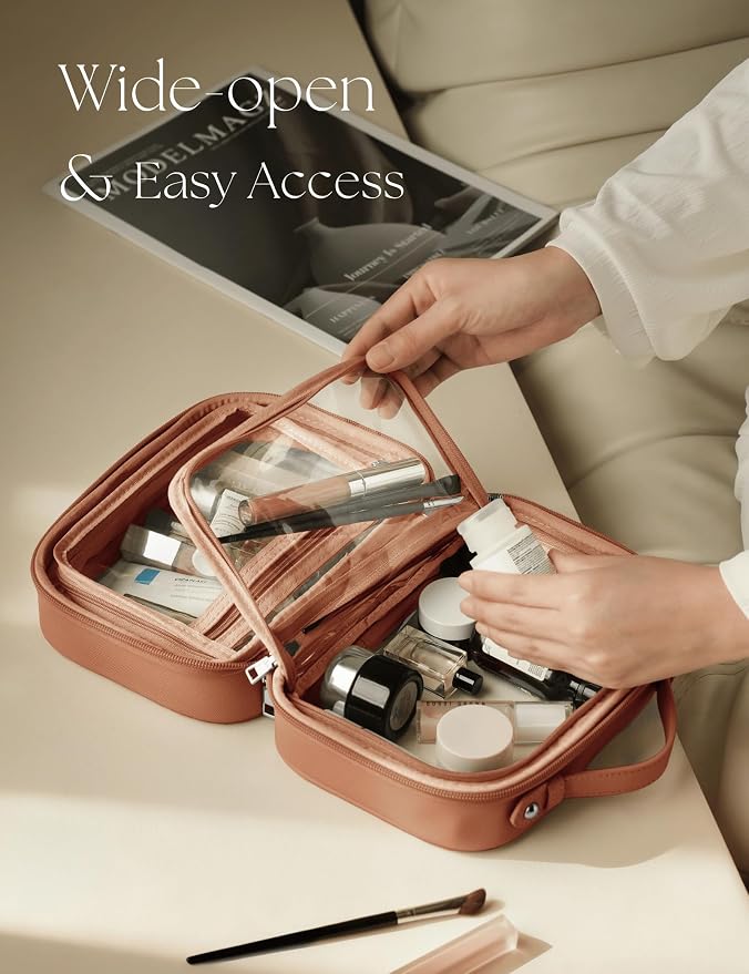 Clear Cosmetic Bag Double Layer Travel Toiletry Bag Clear Makeup Bag Case with 4 Compartments, Transparent Travel Bag for Toiletries, Large Toiletry Bag for Women Cosmetic Case (Brown, Small) - Image 2