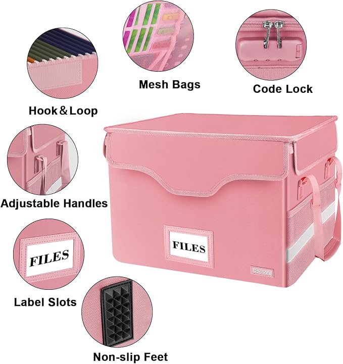DocSafe Fireproof Document Box with Lock,File Storage Organizer with Pockets,Collapsible Portable File Box Home Office Safe Filing Cabinet with Handle for Hanging Letter/Legal Folders,Pink,2 Pack - Image 5