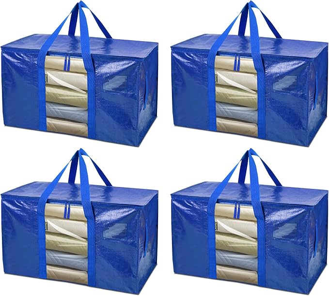 BALEINE 4-Pack Oversized Moving Bags with Reinforced Handles, Heavy-Duty Storage Tote Moving Supplies for Packaging, Camping (Blue w/Window, 4-Pack) by BALEINE